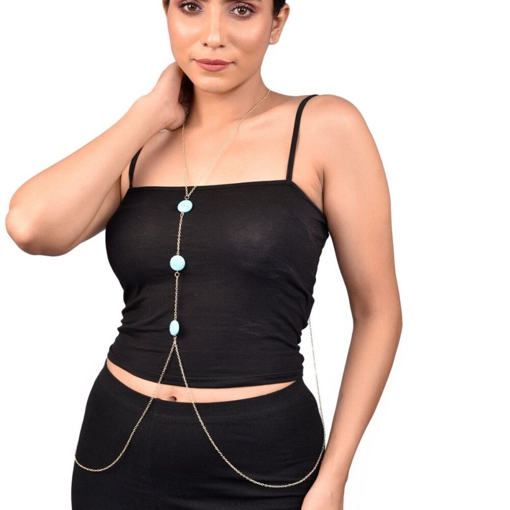 Blue Beaded Gold Party Body Chain