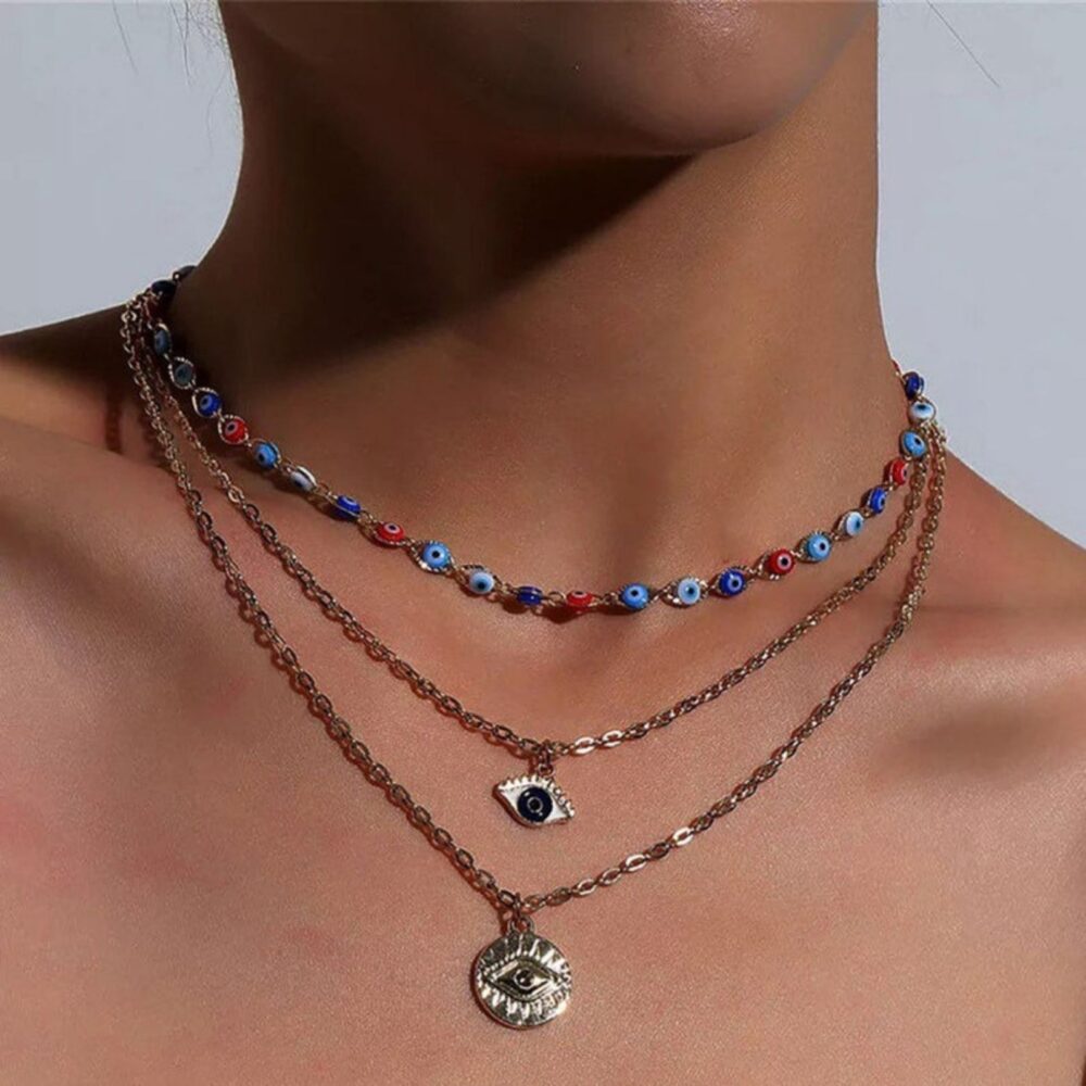 Silver Evil Eye Layered Choker
