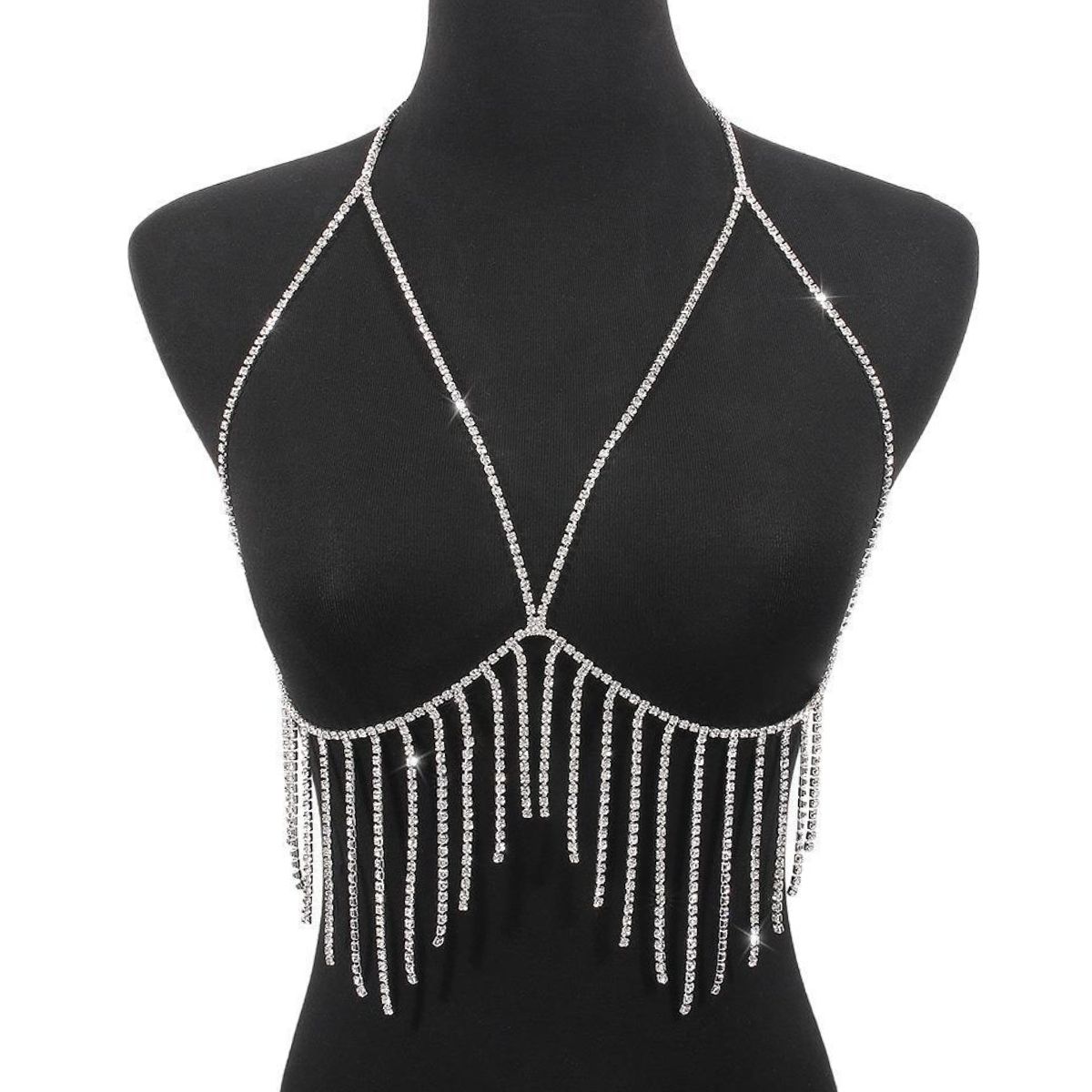 Silver Rhinestone Studded Club Bra Jewelry For Women